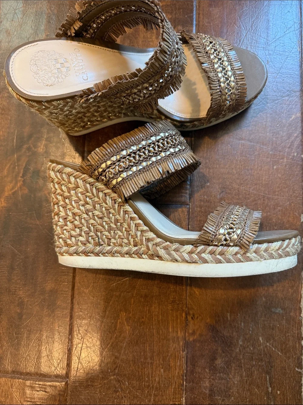 Vince Camuto Tan Braided Fringe Wedge Sandals
